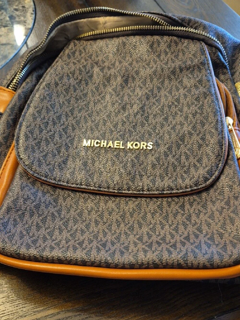 Michael Kors Brown MK Logo Backpack with Tan Trim